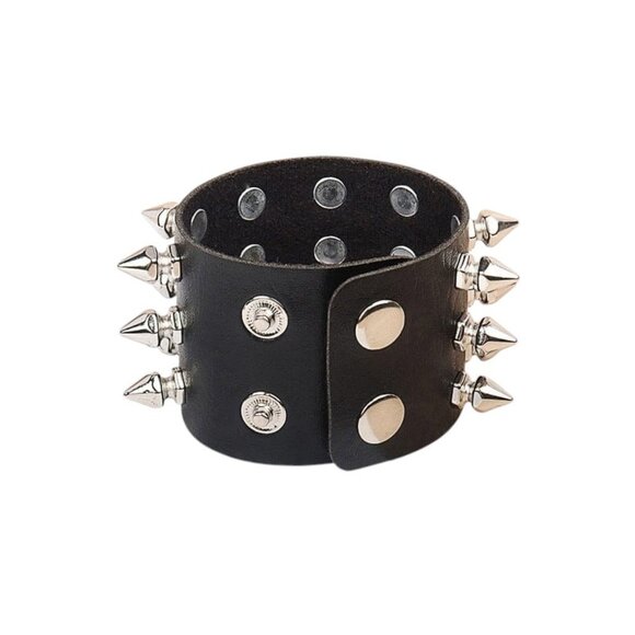 80s Punk Rock Spiked Cuff Studs Wristband Bracelet Black PU Leather Goth Grunge - Picture 4 of 6